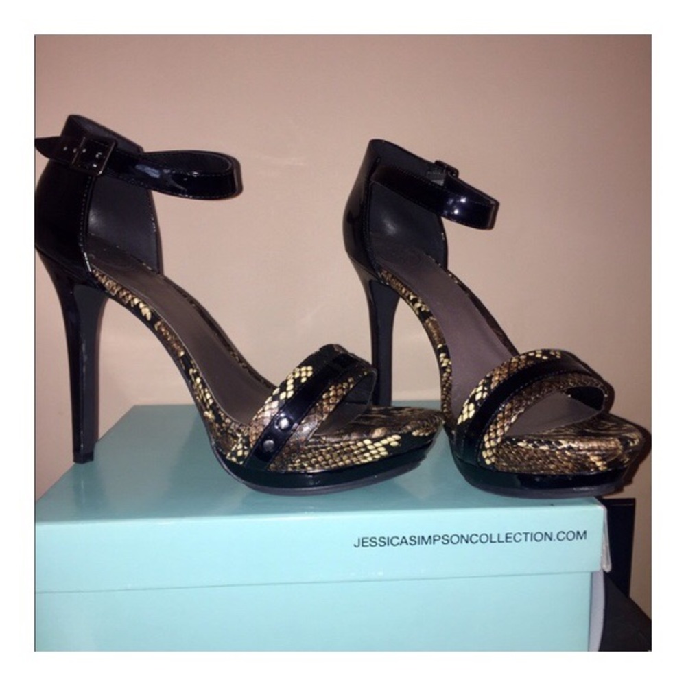 Jessica Simpson Black and Gold Snakeskin Platform Ankle-Strap Heels
